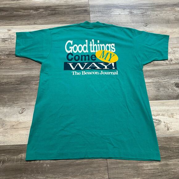 Vintage 90s Akron Beacon Journal Ohio Teal Mens XL Single Stitch Tee T-Shirt - Picture 2 of 9